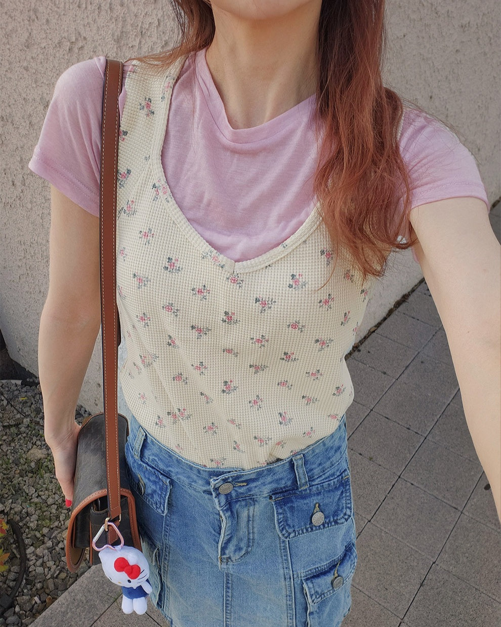 flower waffle sleeve less top