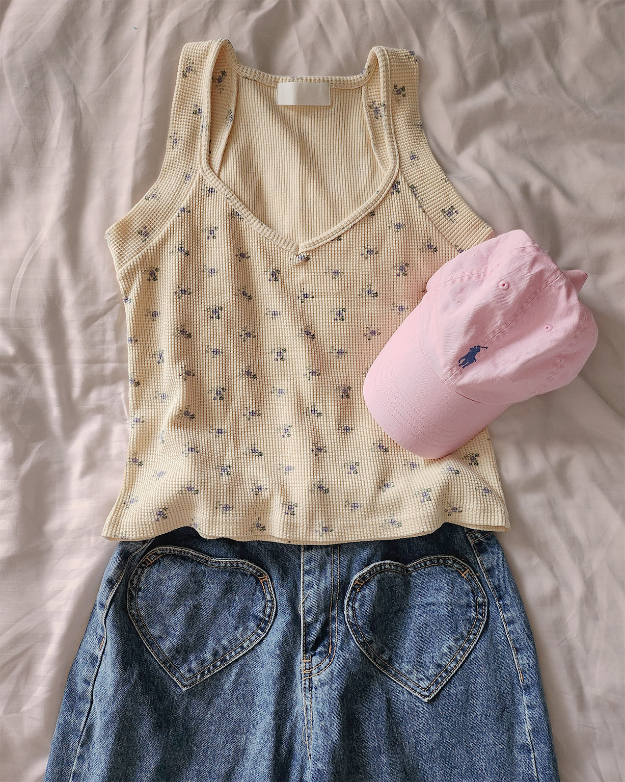 flower waffle sleeve less top