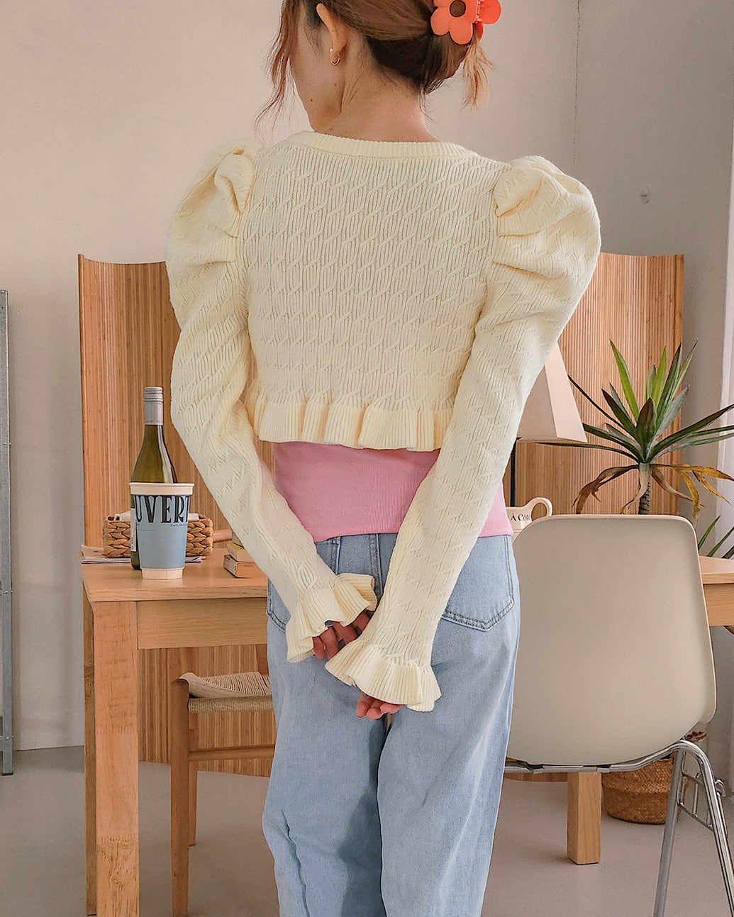 short puff sleeve frill knit cardigan