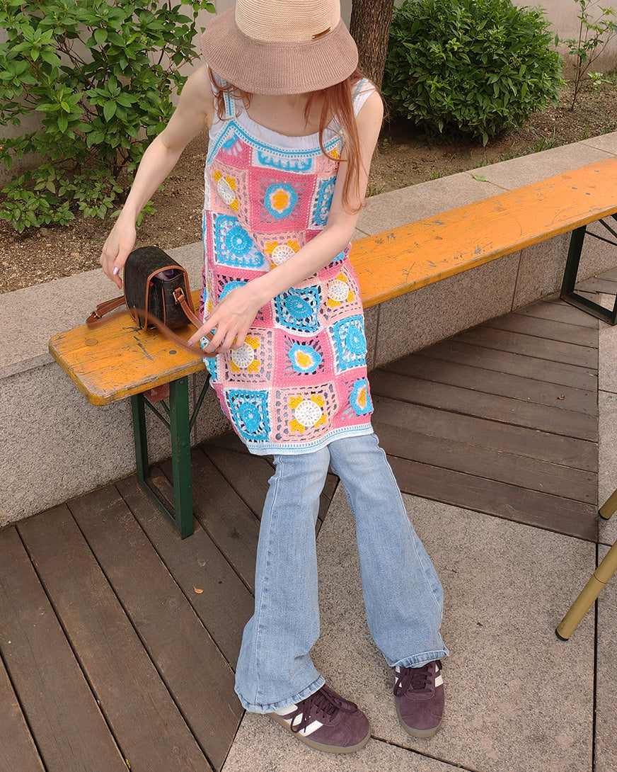 crochet knit flower mini dress
