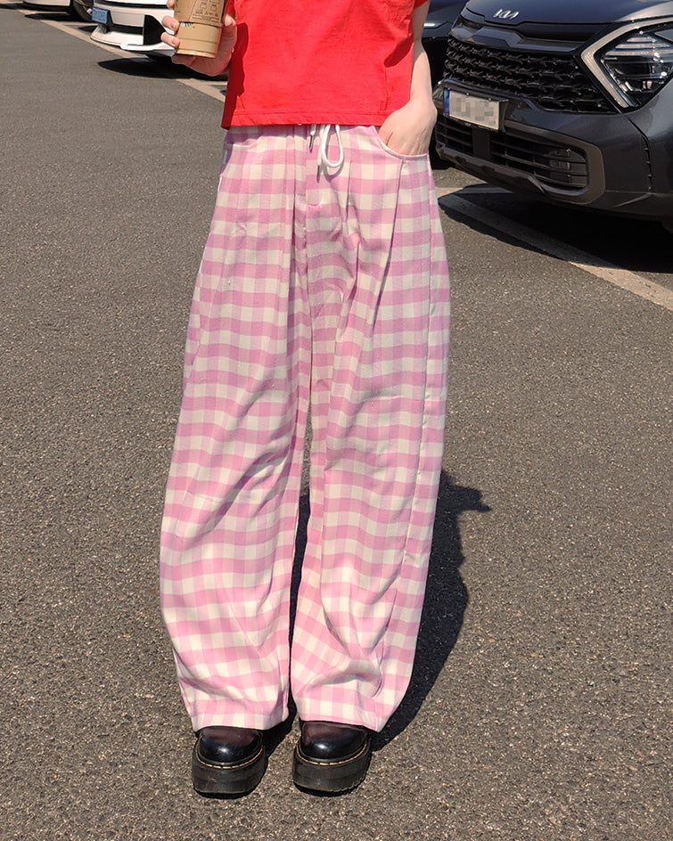 gingham check waist tuck wide pants