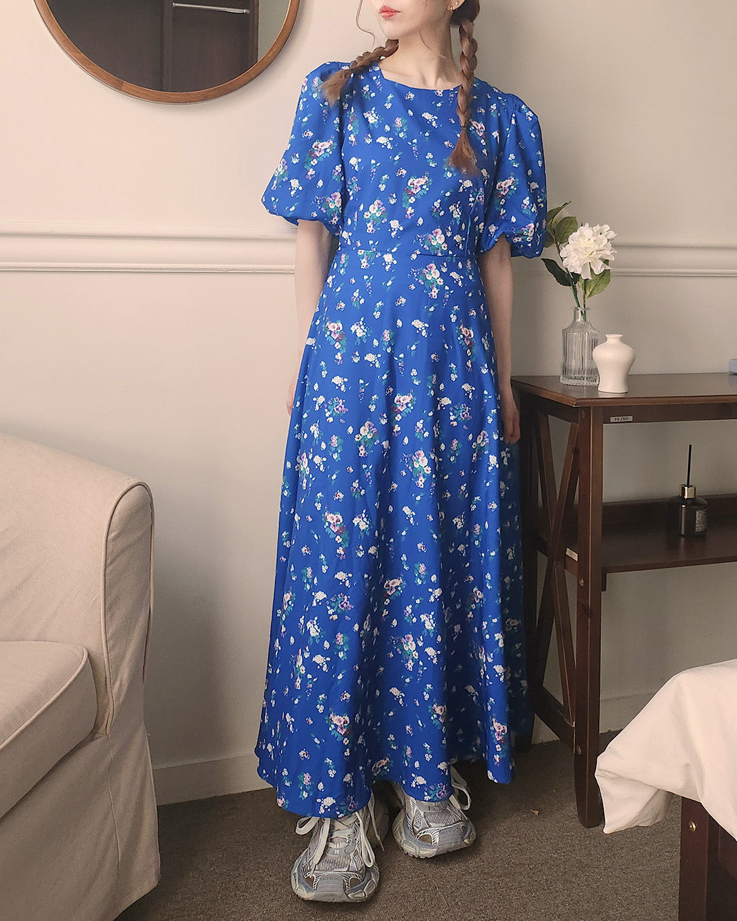 flower puff sleeve long dress