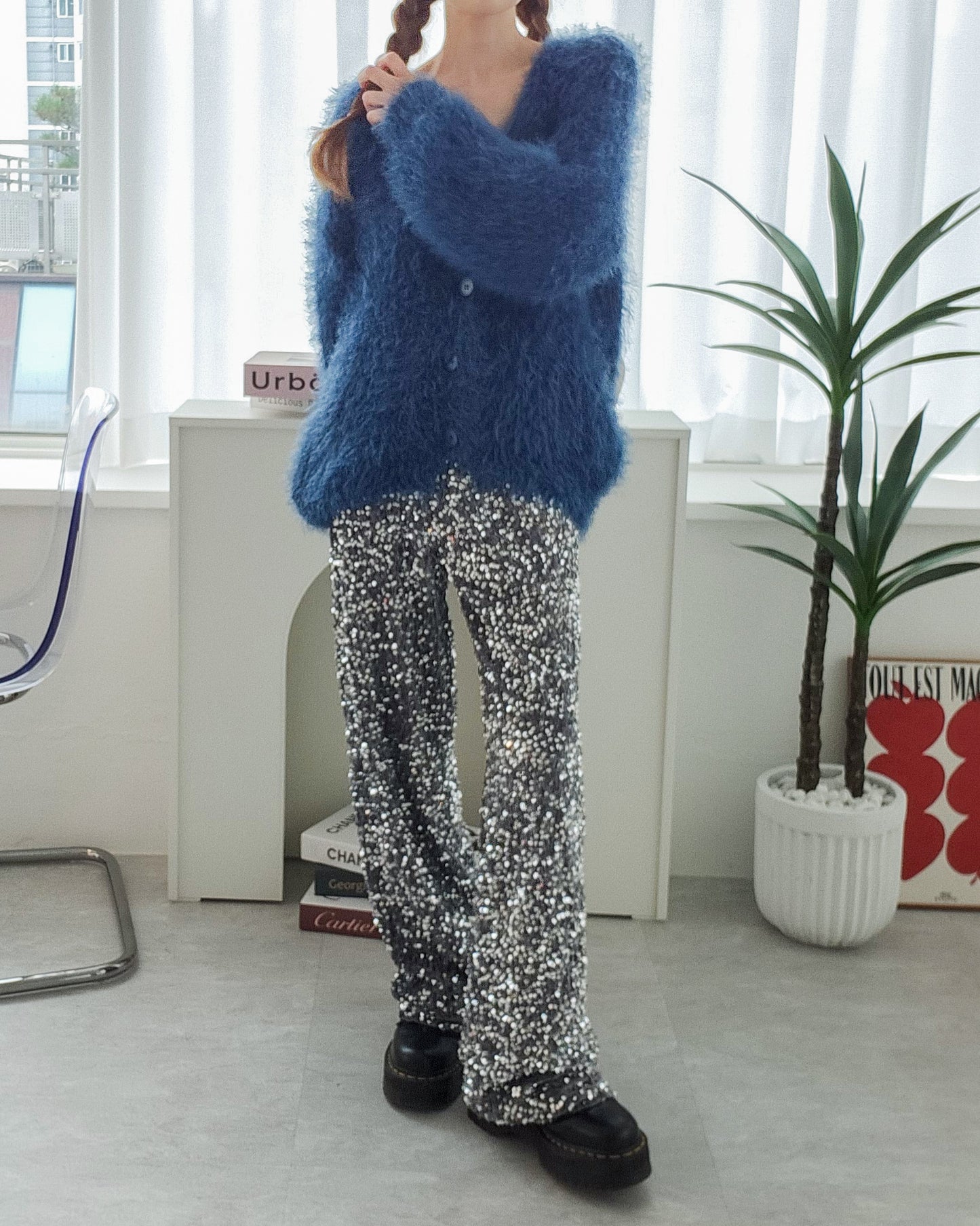 shaggy knit color cardigan
