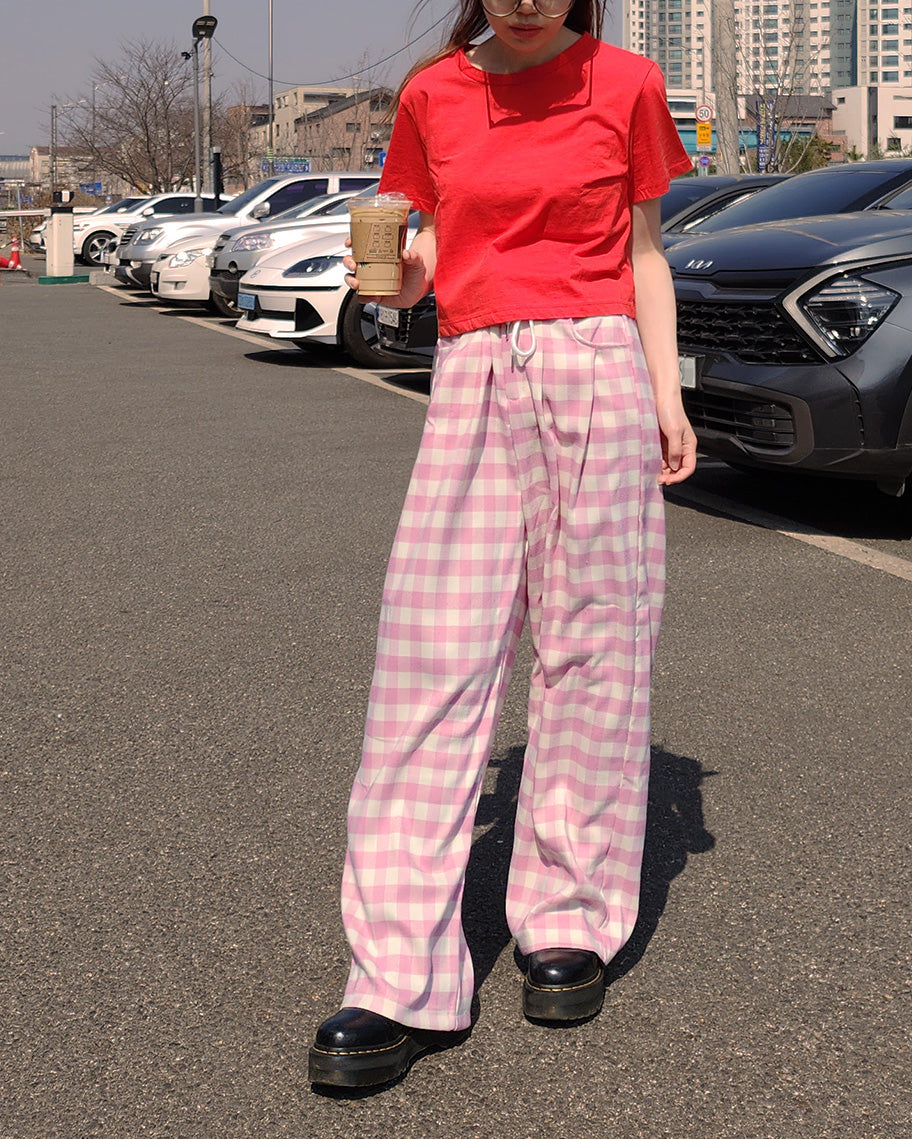 gingham check waist tuck wide pants