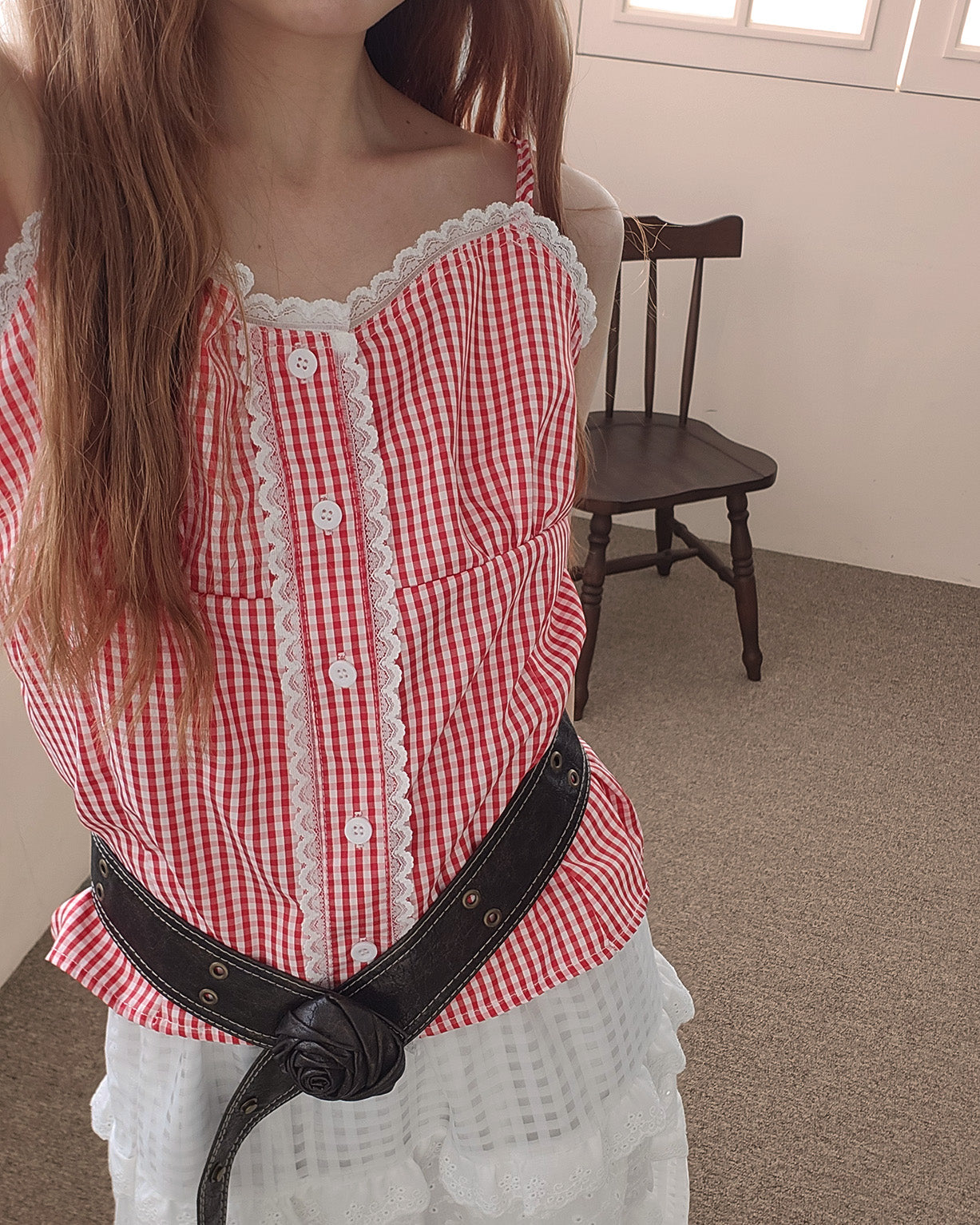 gingham check lace point camisole blouse