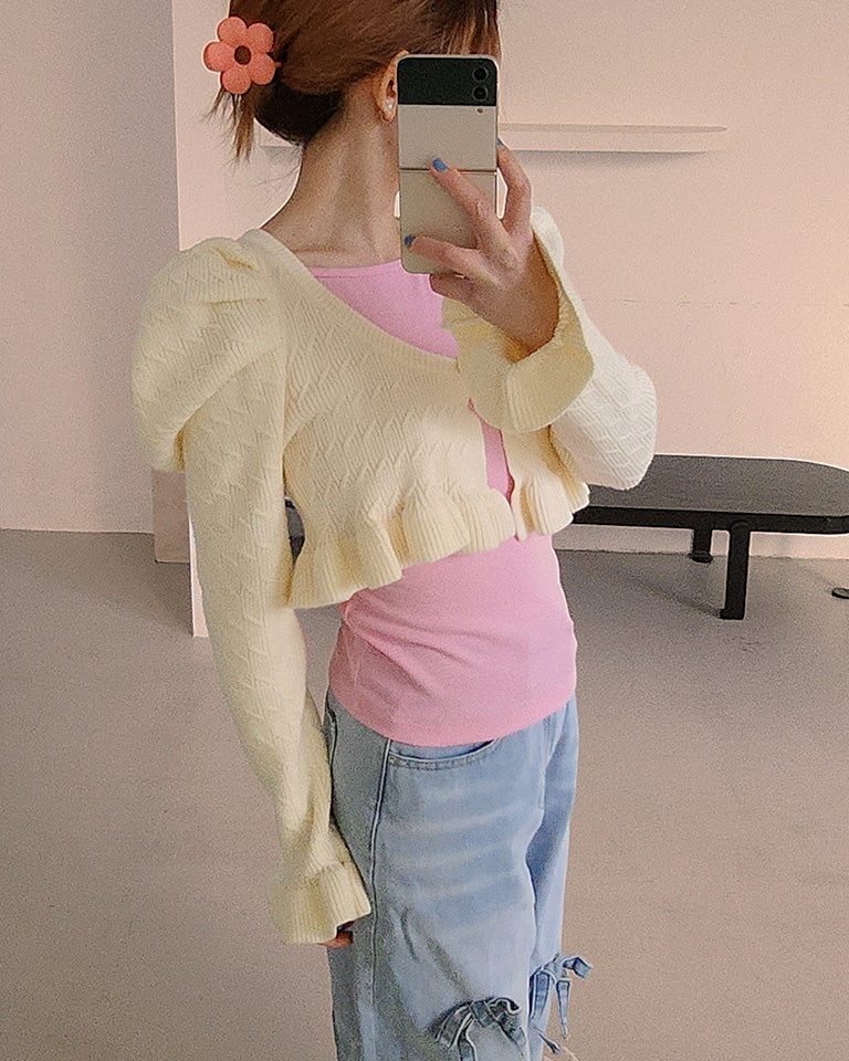 short puff sleeve frill knit cardigan