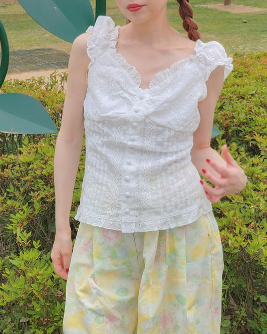 cotton lace frill sleeve less blouse