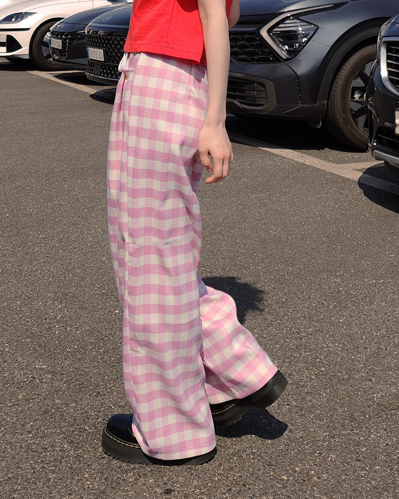 gingham check waist tuck wide pants
