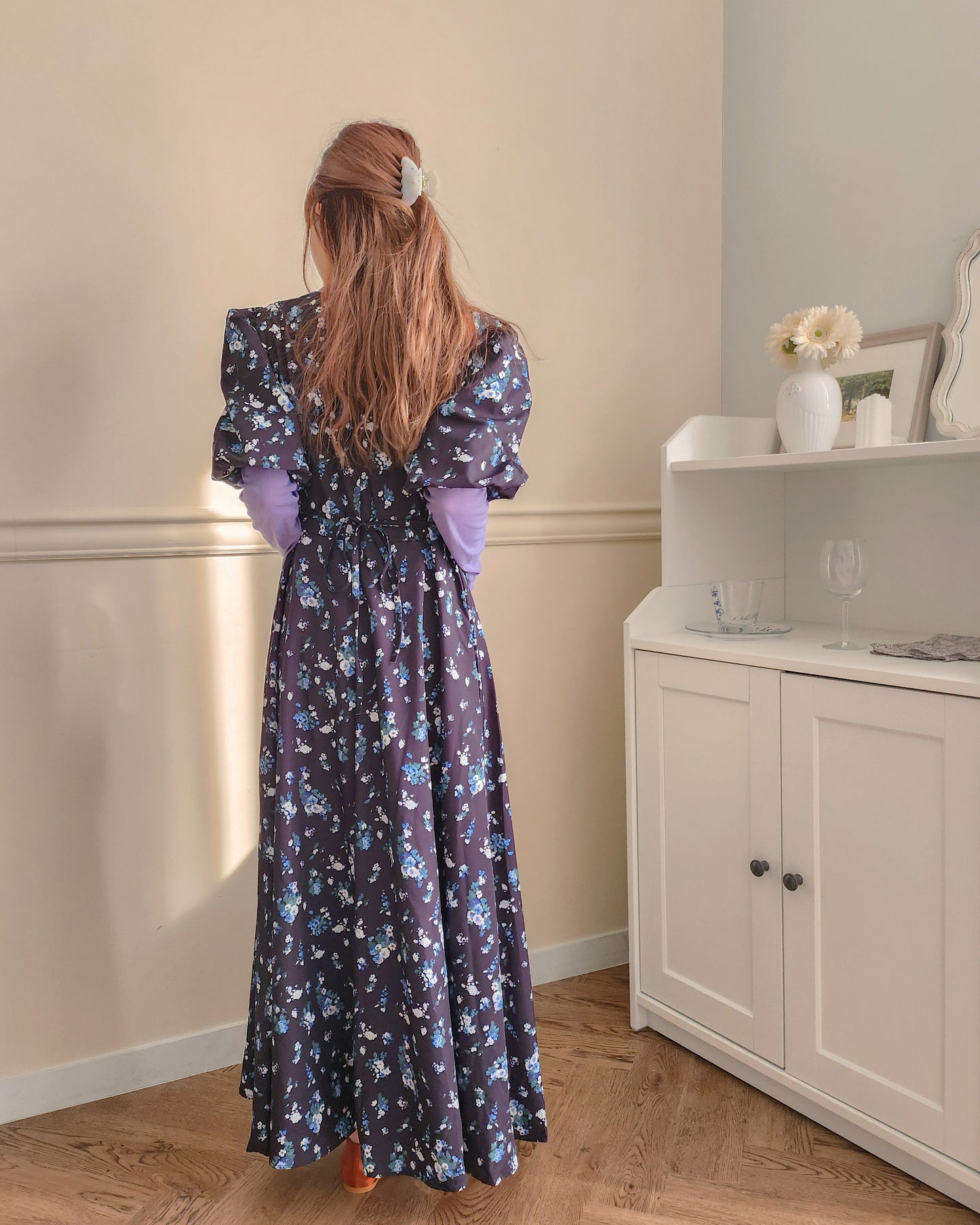 flower puff sleeve long dress