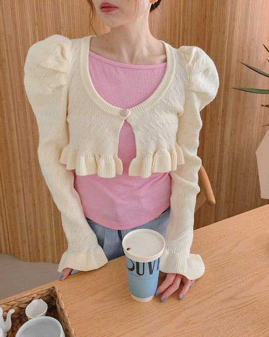 short puff sleeve frill knit cardigan