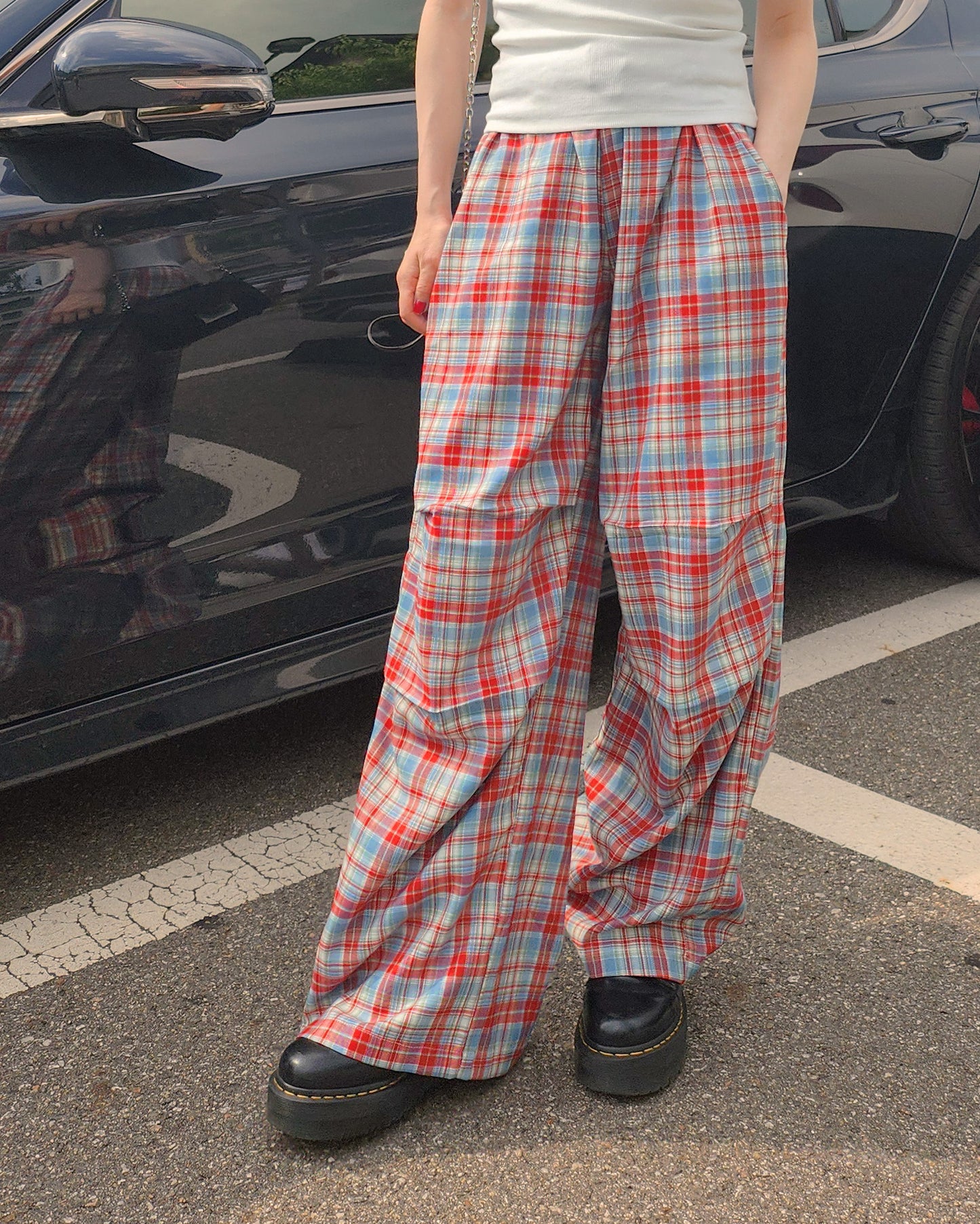 check draped wide pants