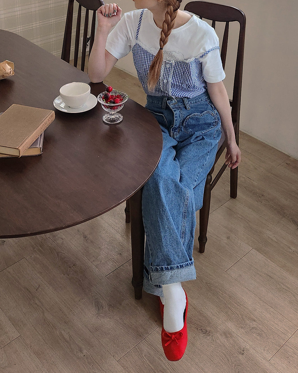 gingham check lace point camisole blouse