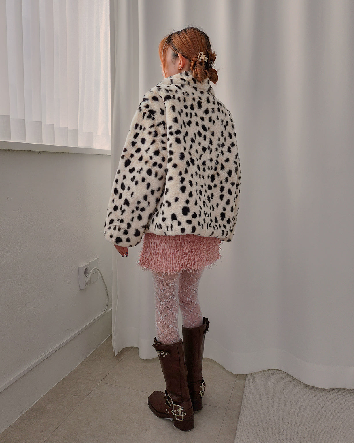 dalmatian pattern collar fur jacket