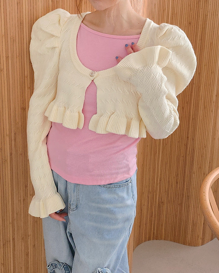 short puff sleeve frill knit cardigan