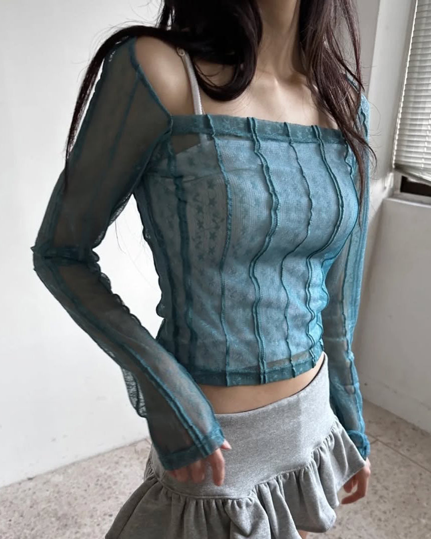square neck lace sheer top
