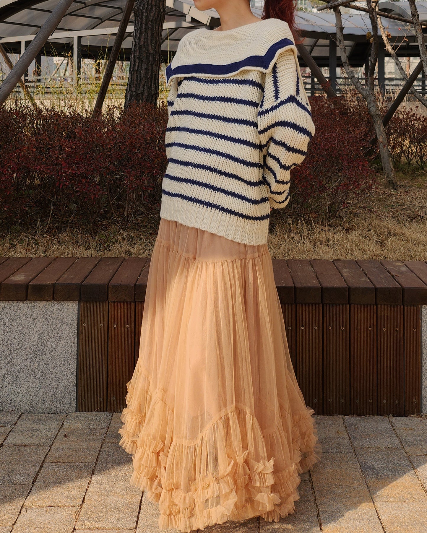 sailor collar stripe overfit knit