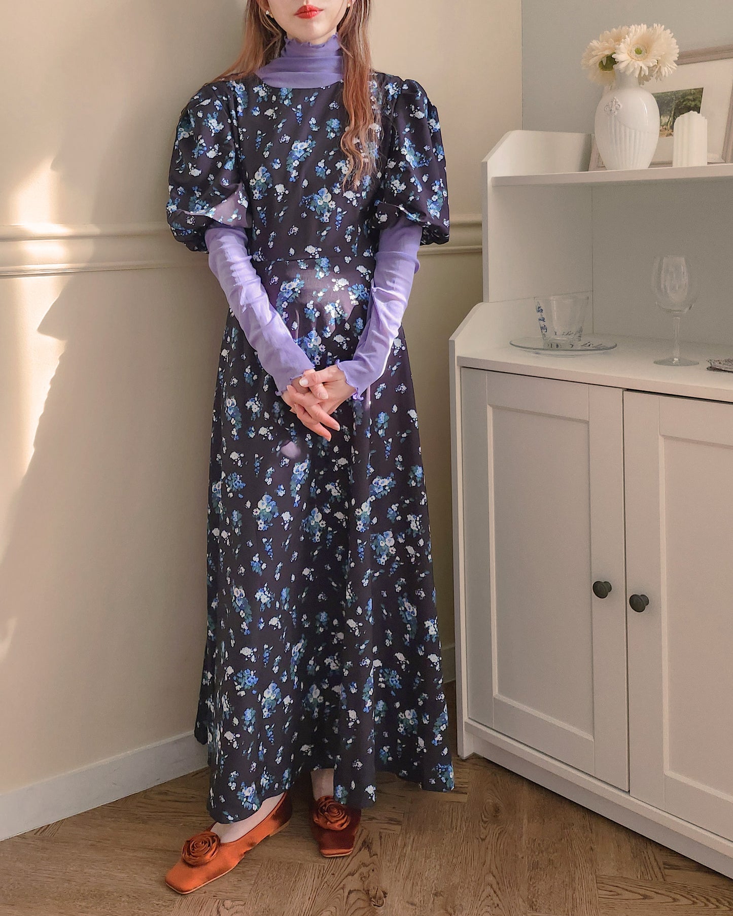 flower puff sleeve long dress