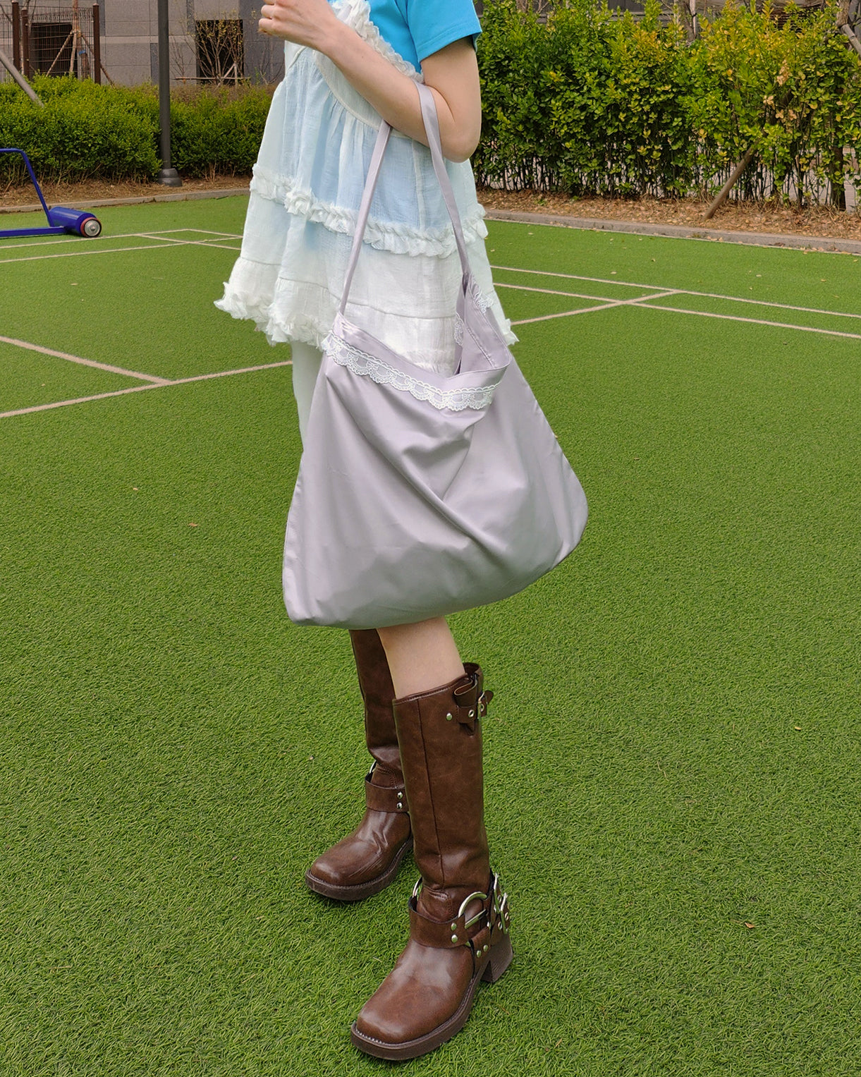 satin lace line tote bag