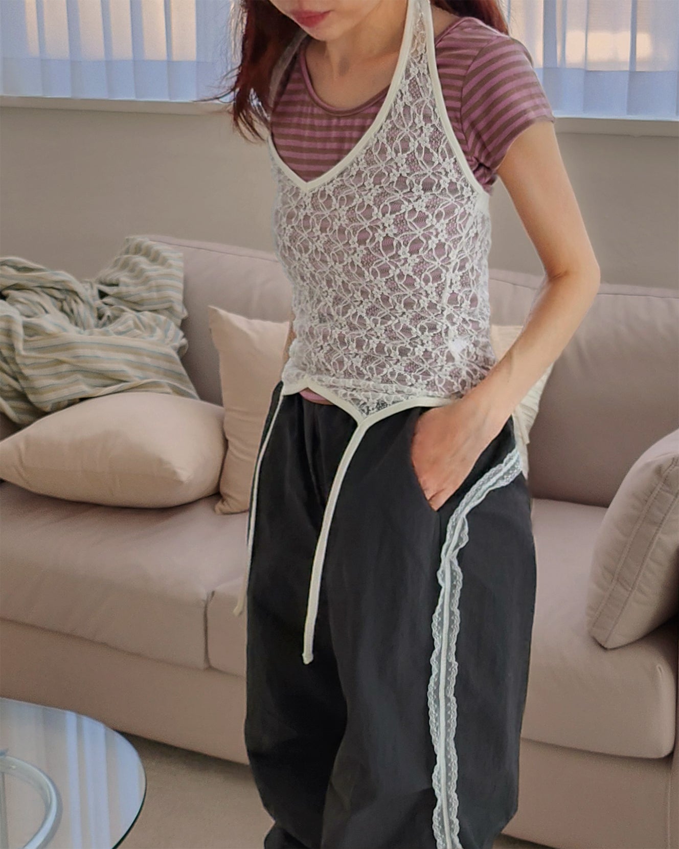 lace sheer halter neck bustier