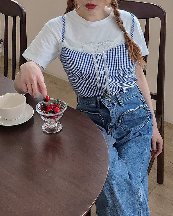 gingham check lace point camisole blouse