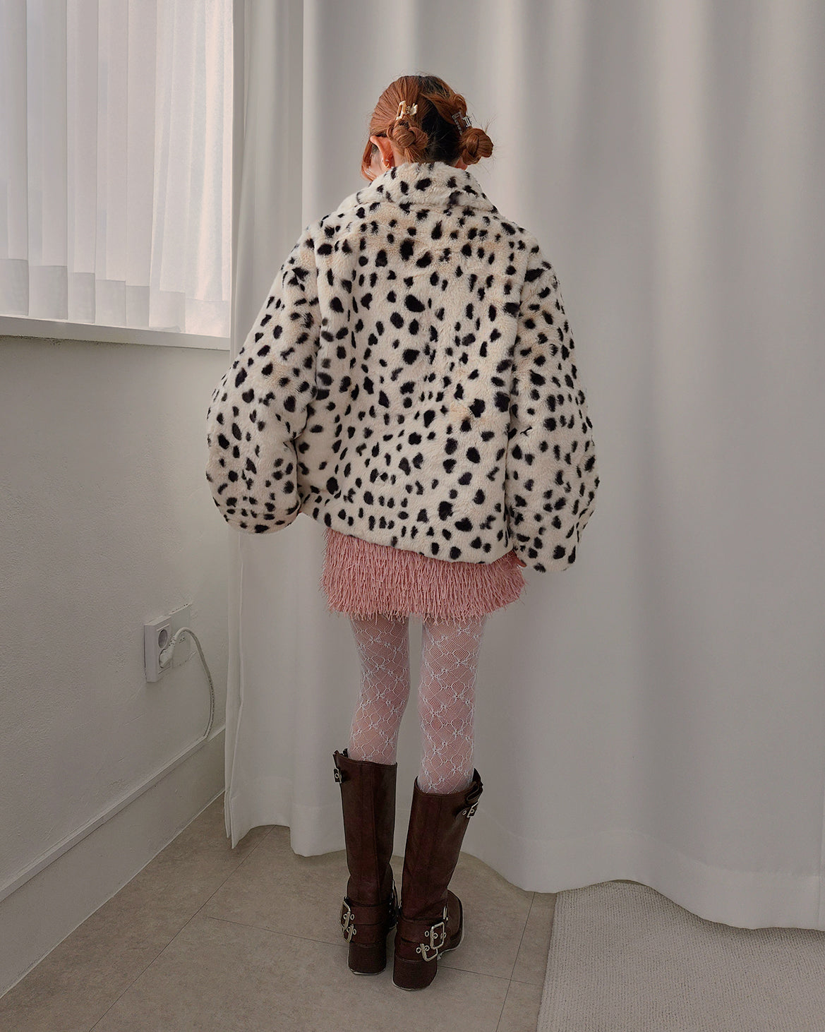 dalmatian pattern collar fur jacket