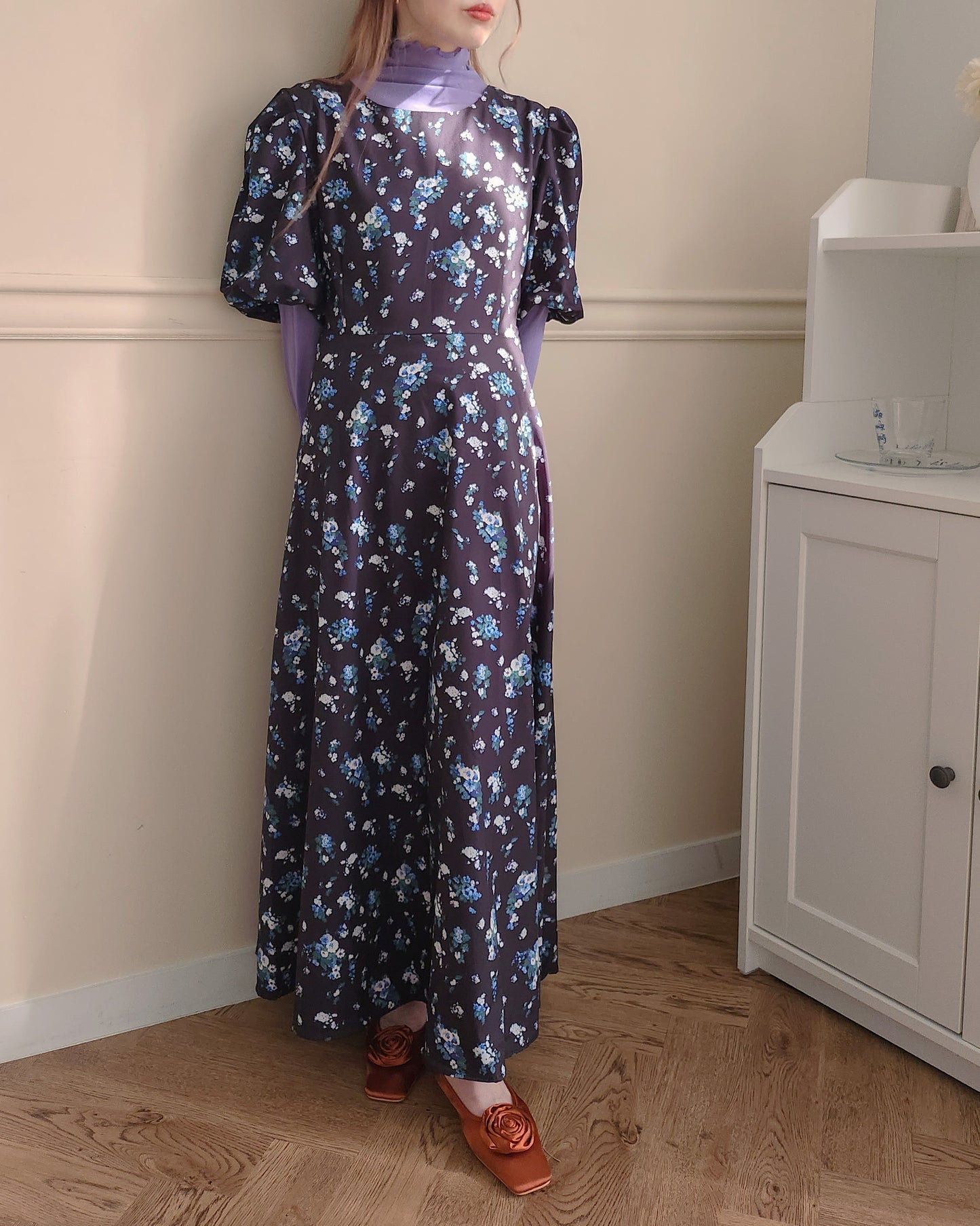 flower puff sleeve long dress