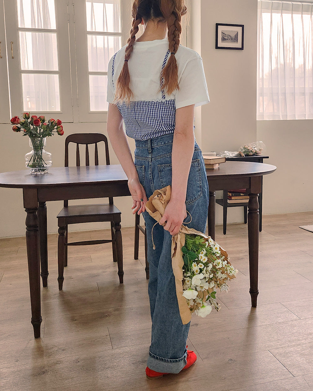 gingham check lace point camisole blouse