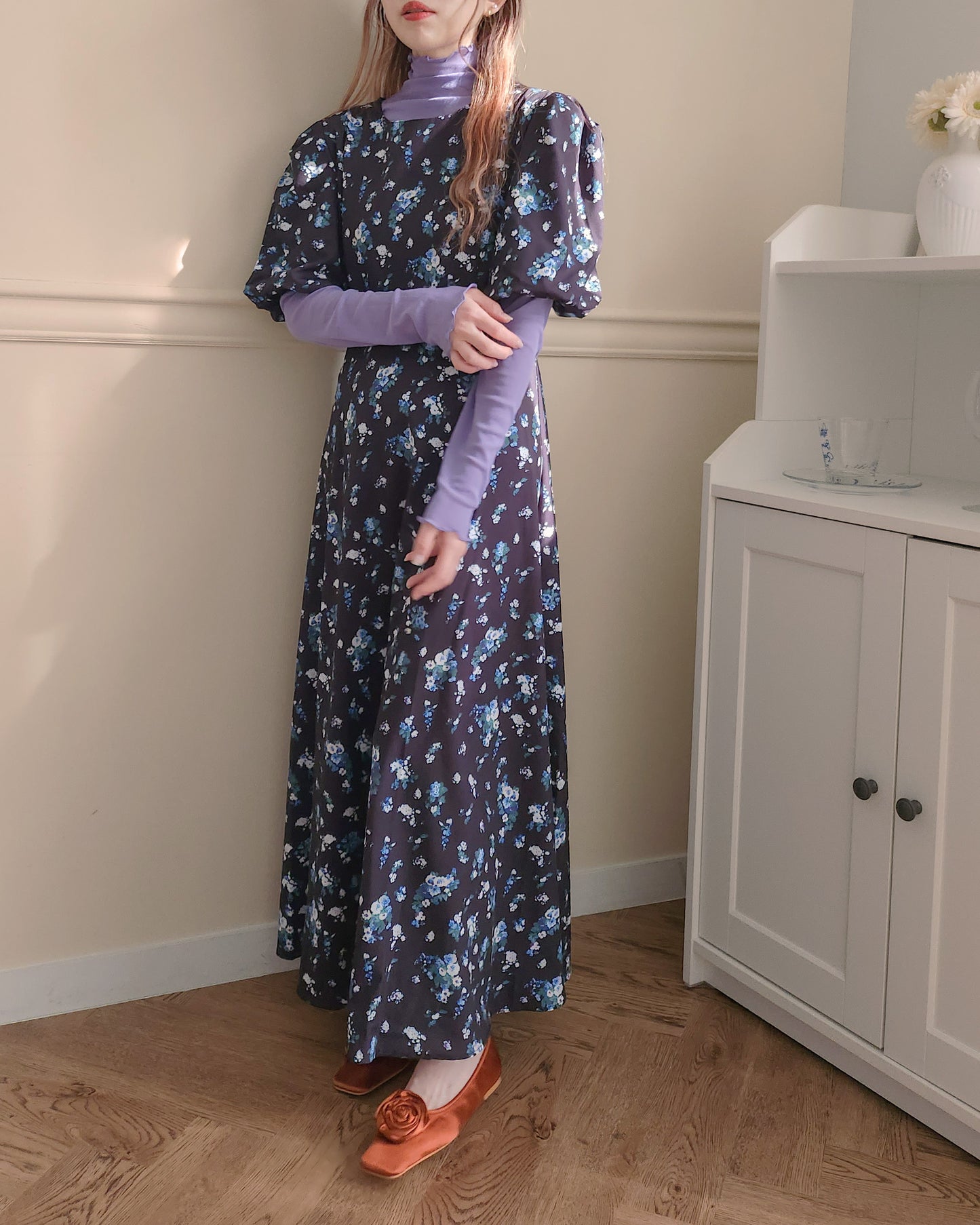 flower puff sleeve long dress