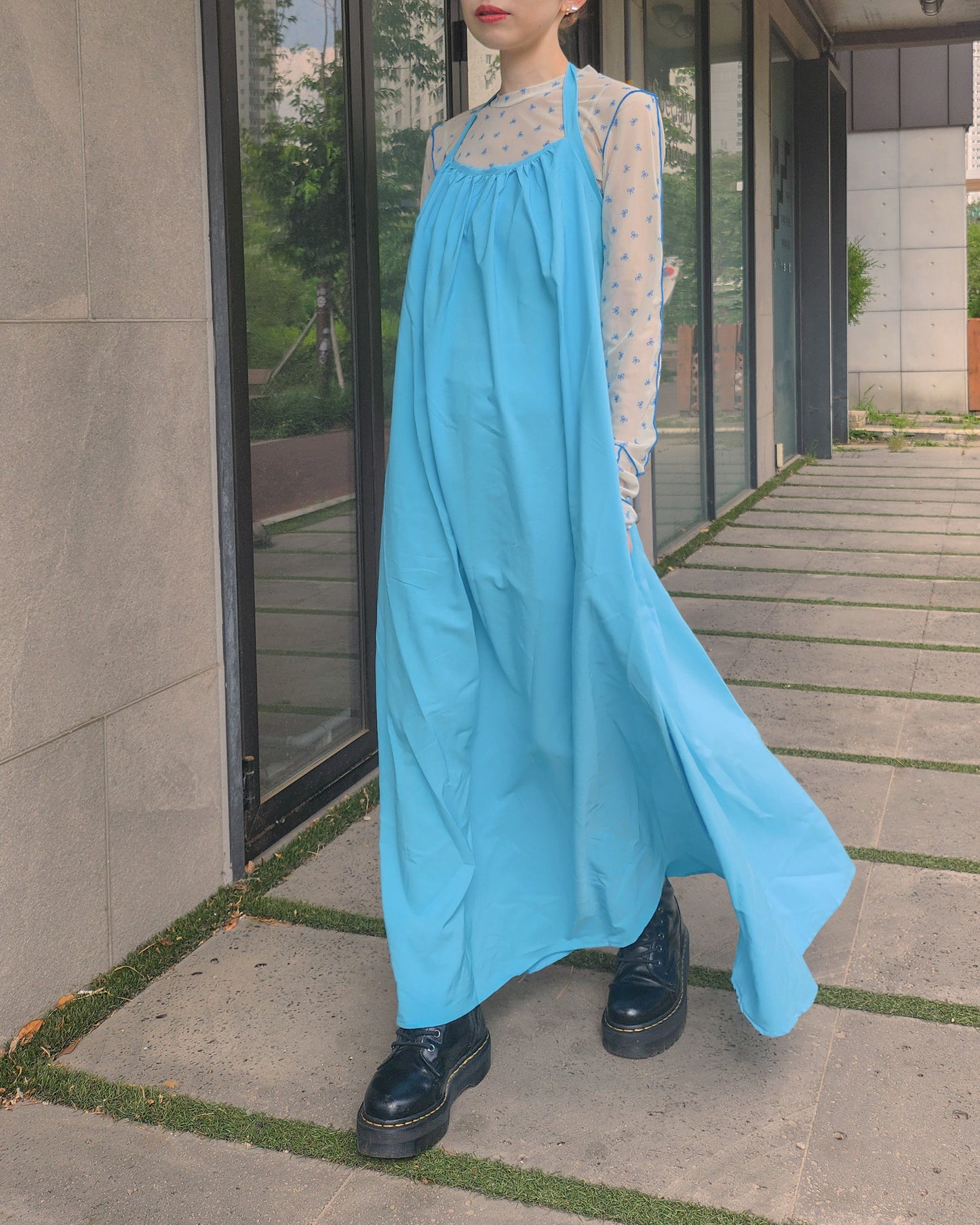 halter neck back open long dress