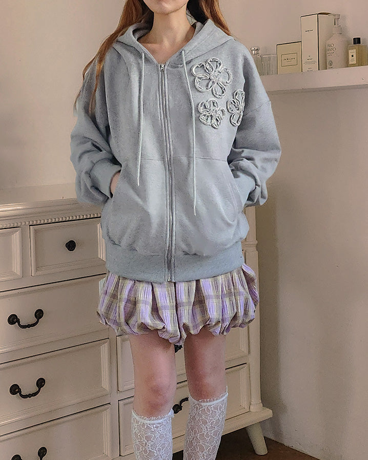 flower motif sweat zip hoodie