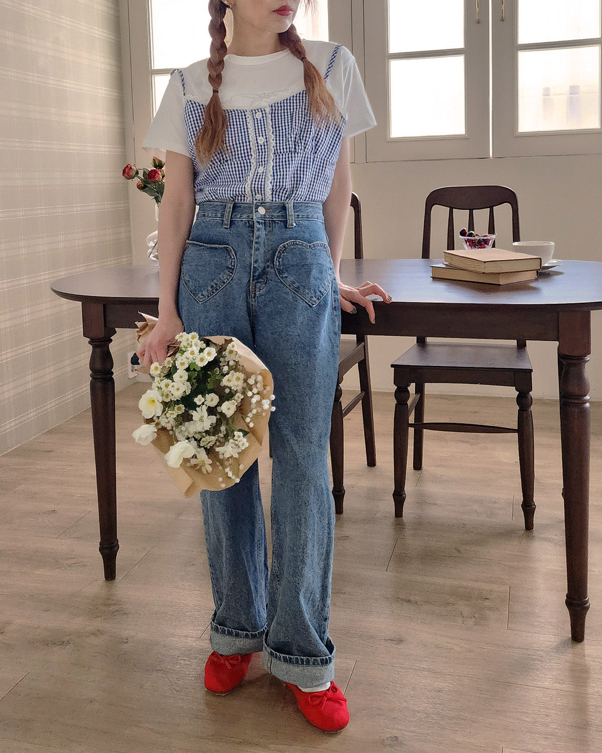 gingham check lace point camisole blouse