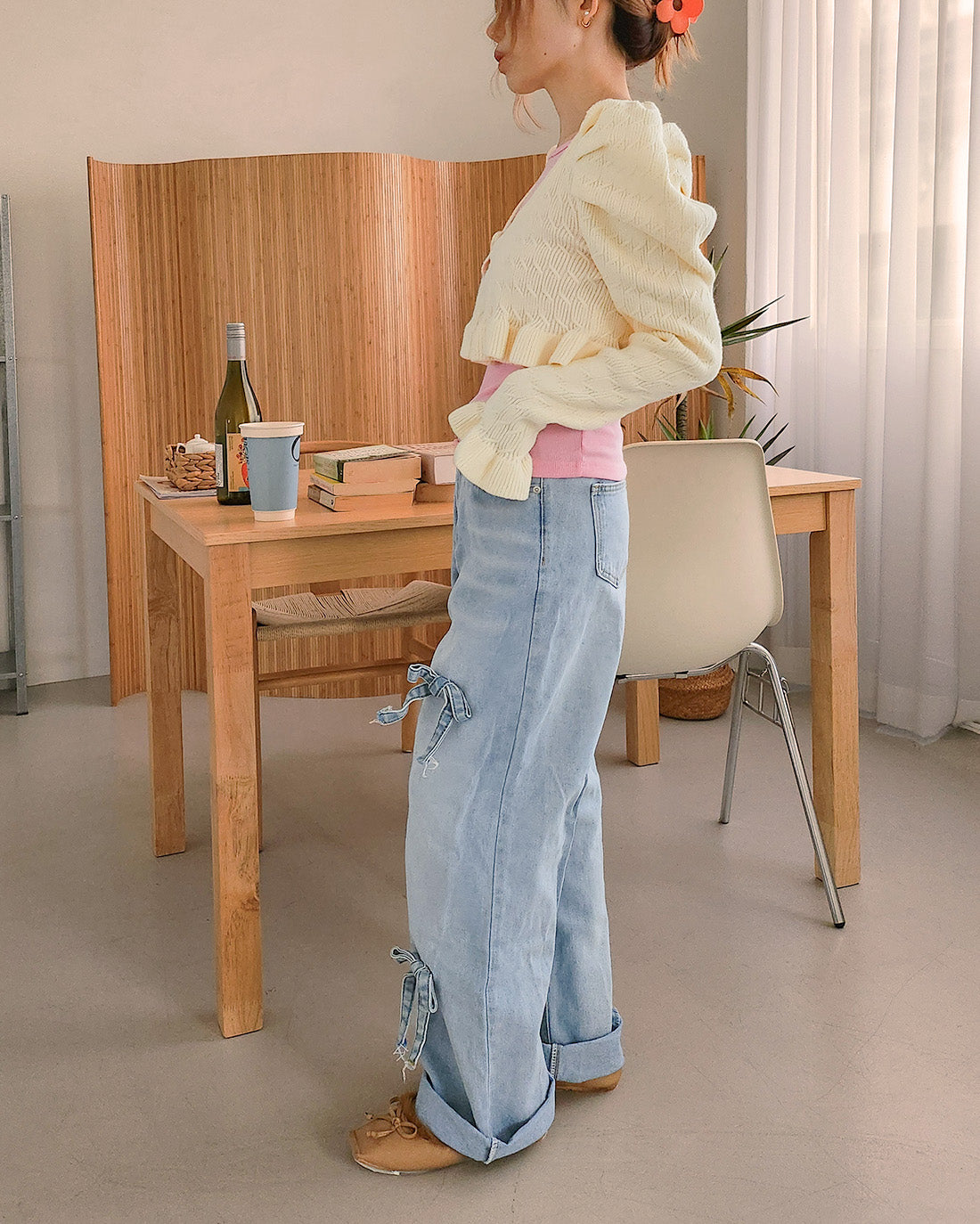 short puff sleeve frill knit cardigan