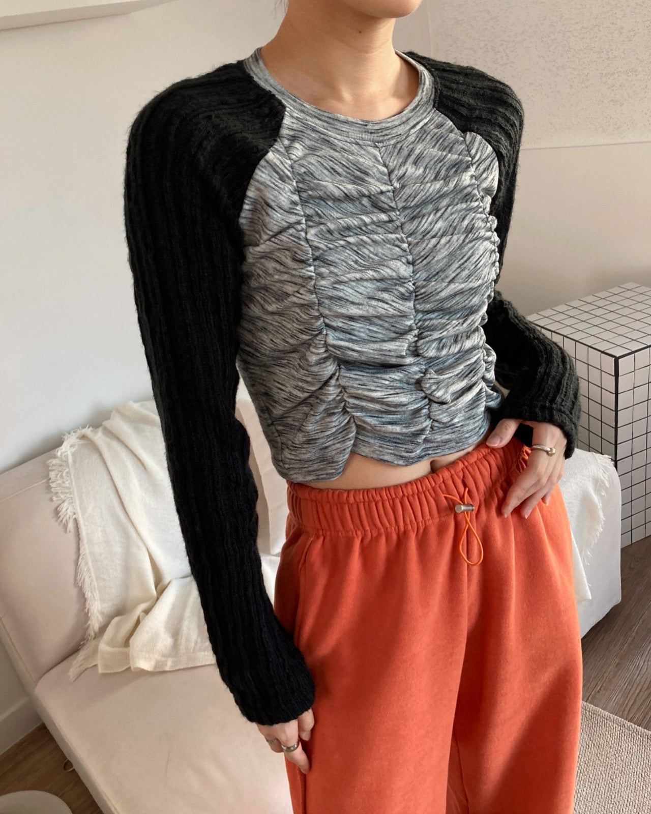 raglan knit sleeves shirring T