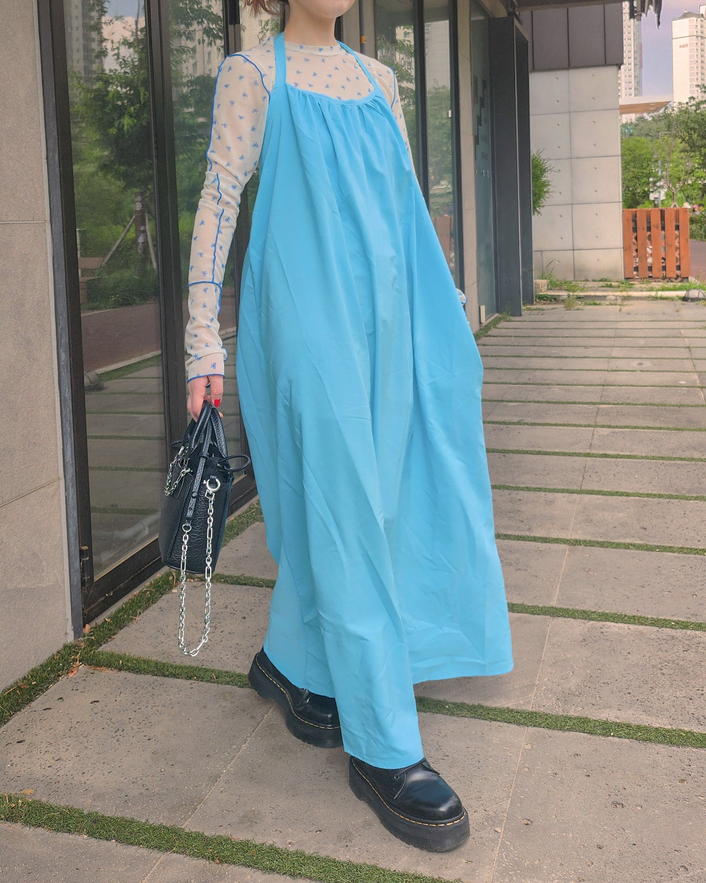 halter neck back open long dress