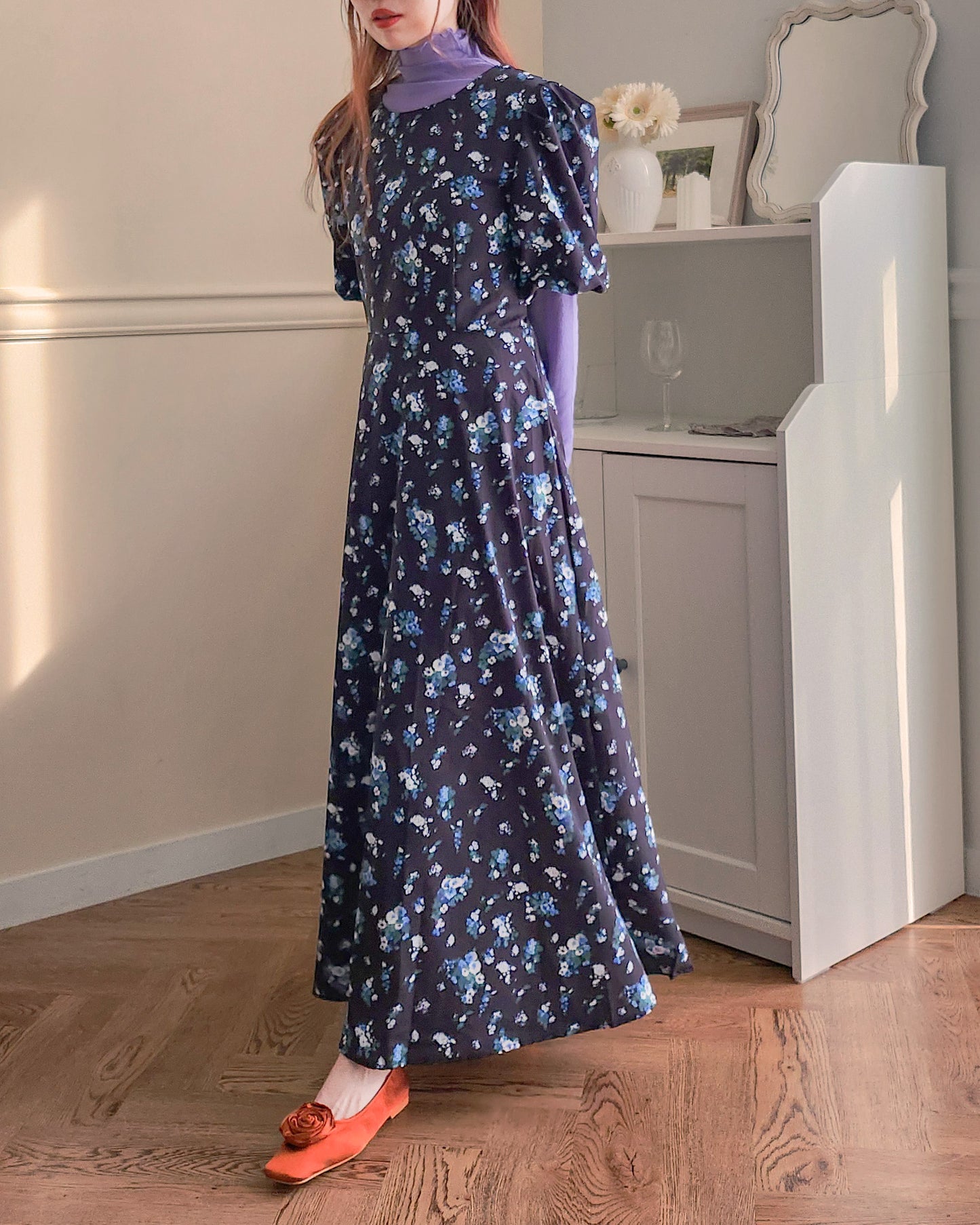 flower puff sleeve long dress
