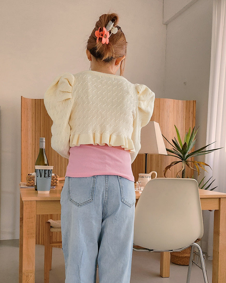 short puff sleeve frill knit cardigan