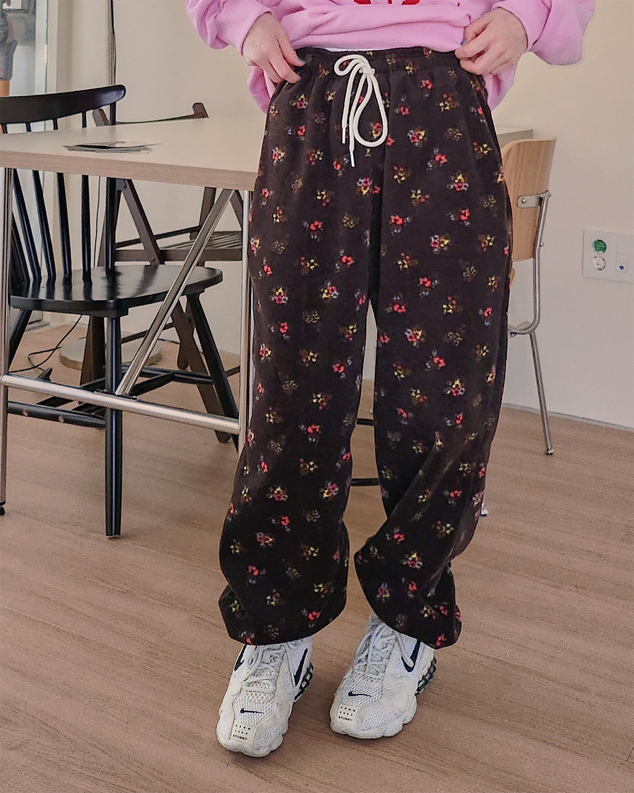 flower pattern fleece jogger pants