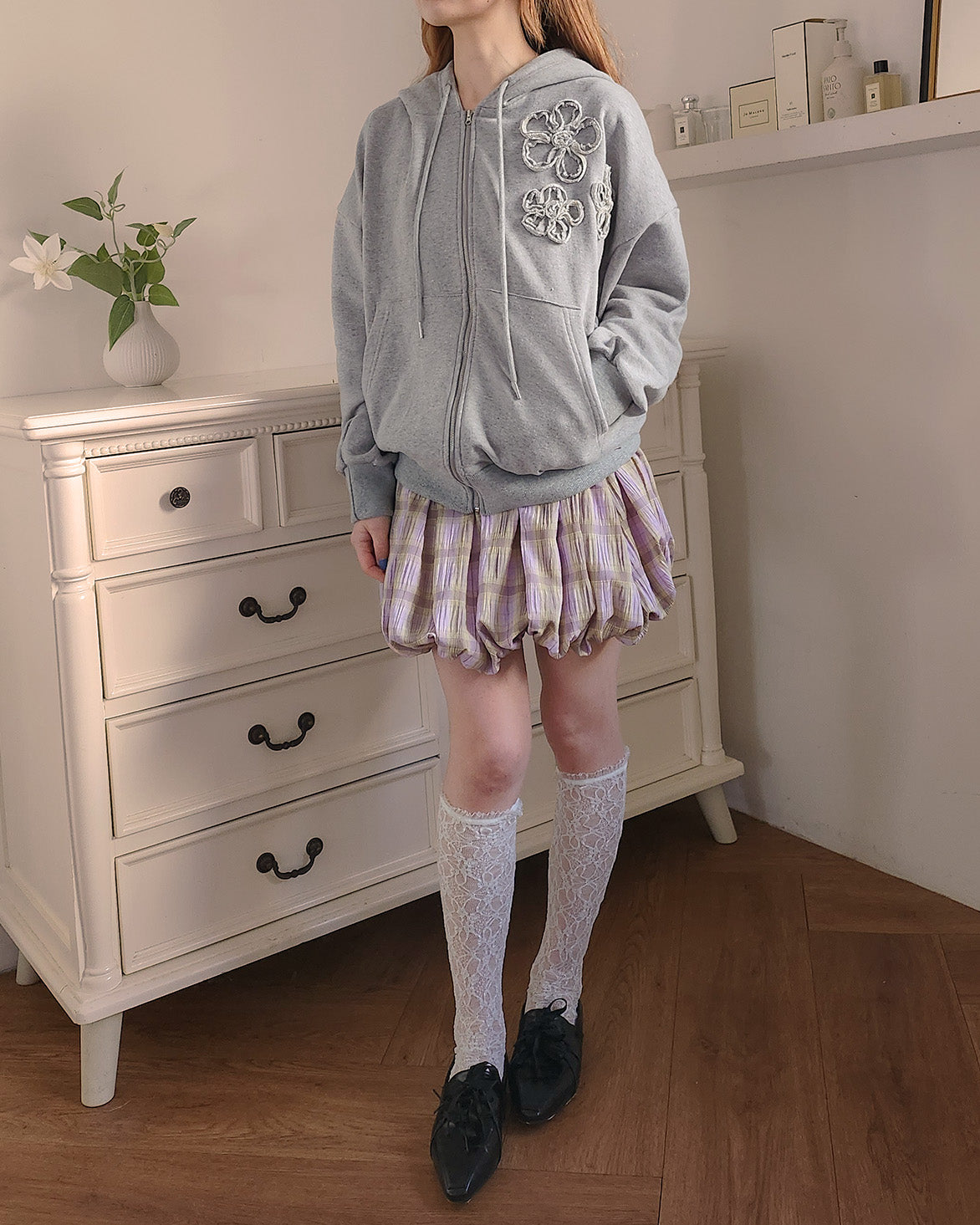 flower motif sweat zip hoodie