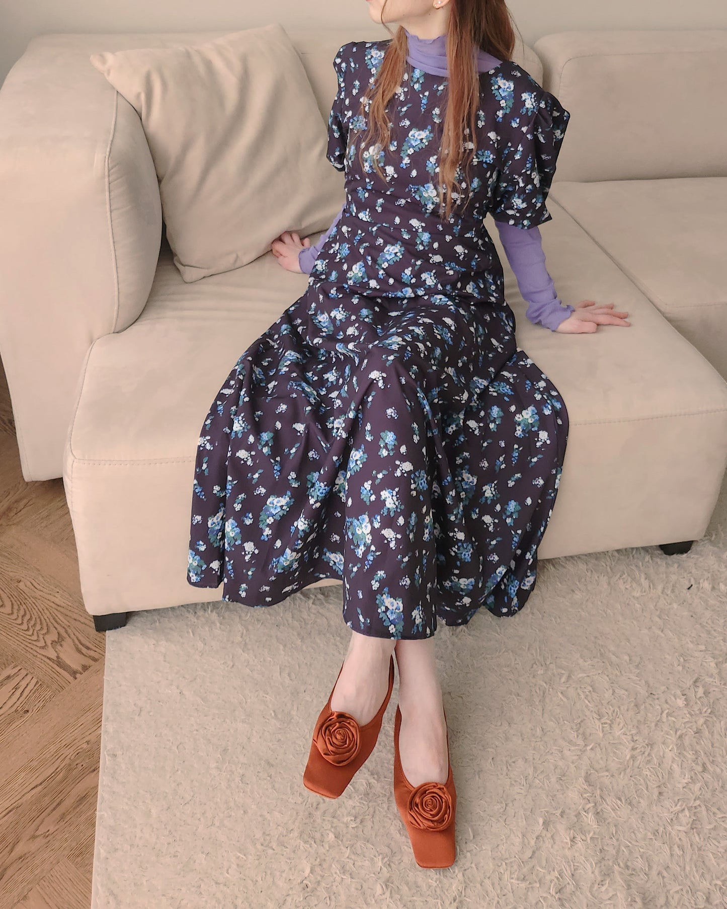 flower puff sleeve long dress