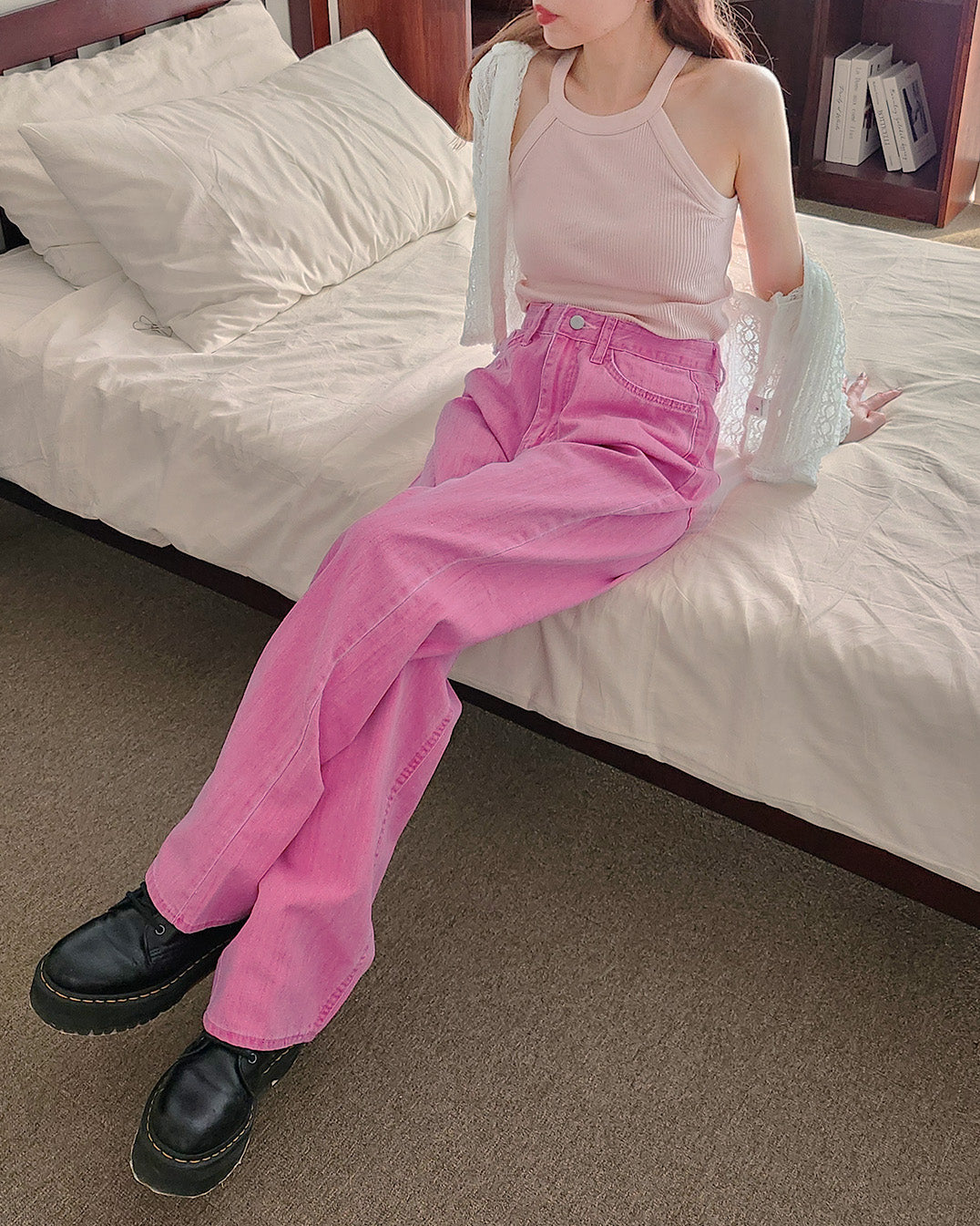 pigment color straight wide cotton pants