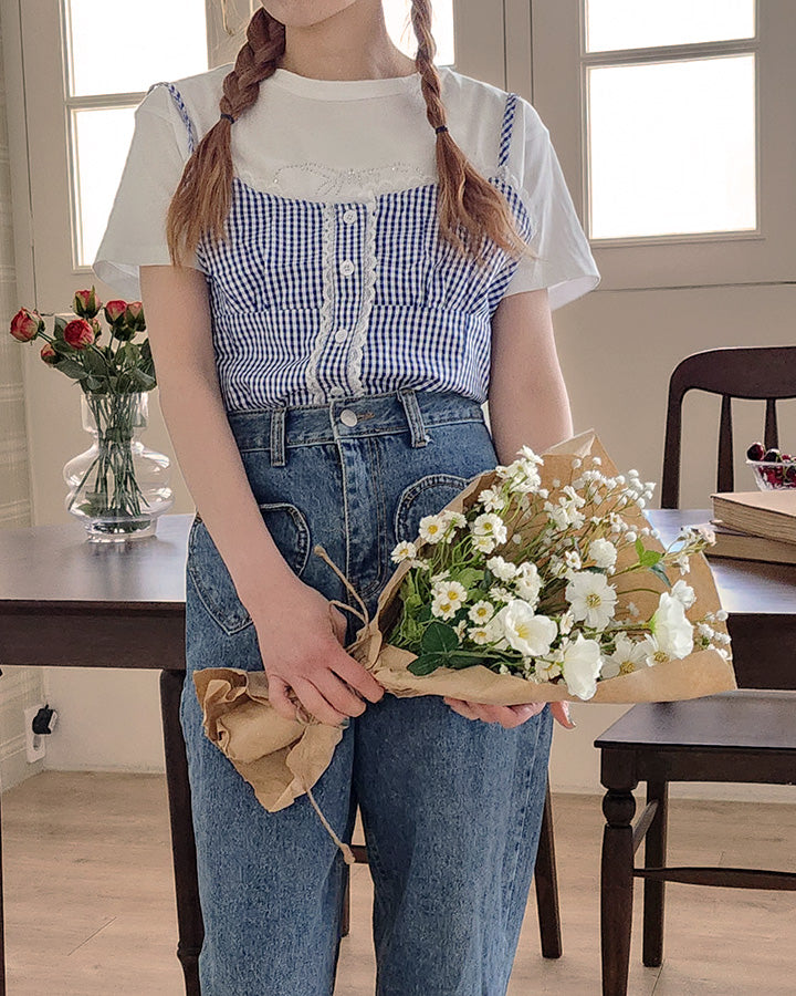 gingham check lace point camisole blouse