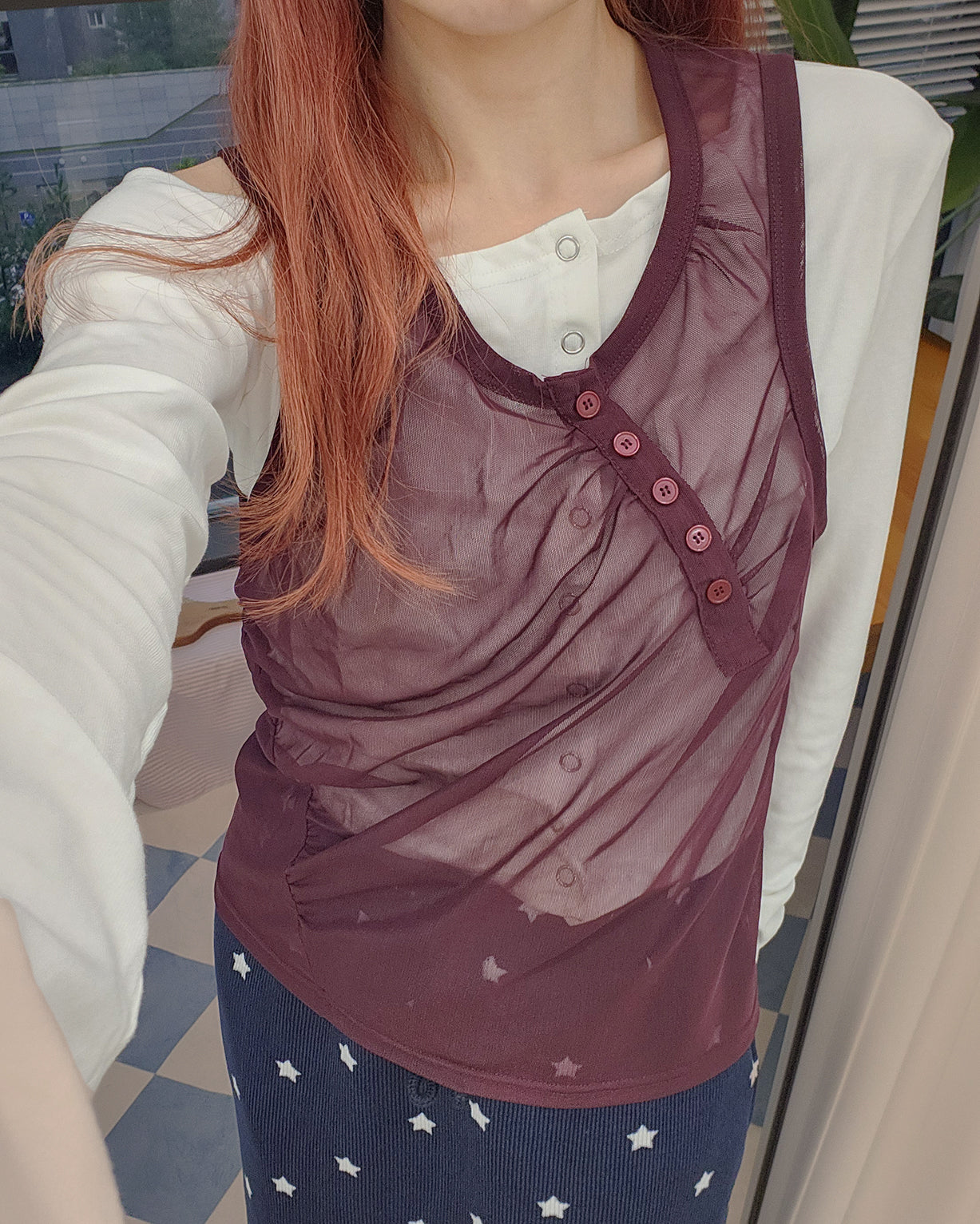 henry neck sheer sleeve less top