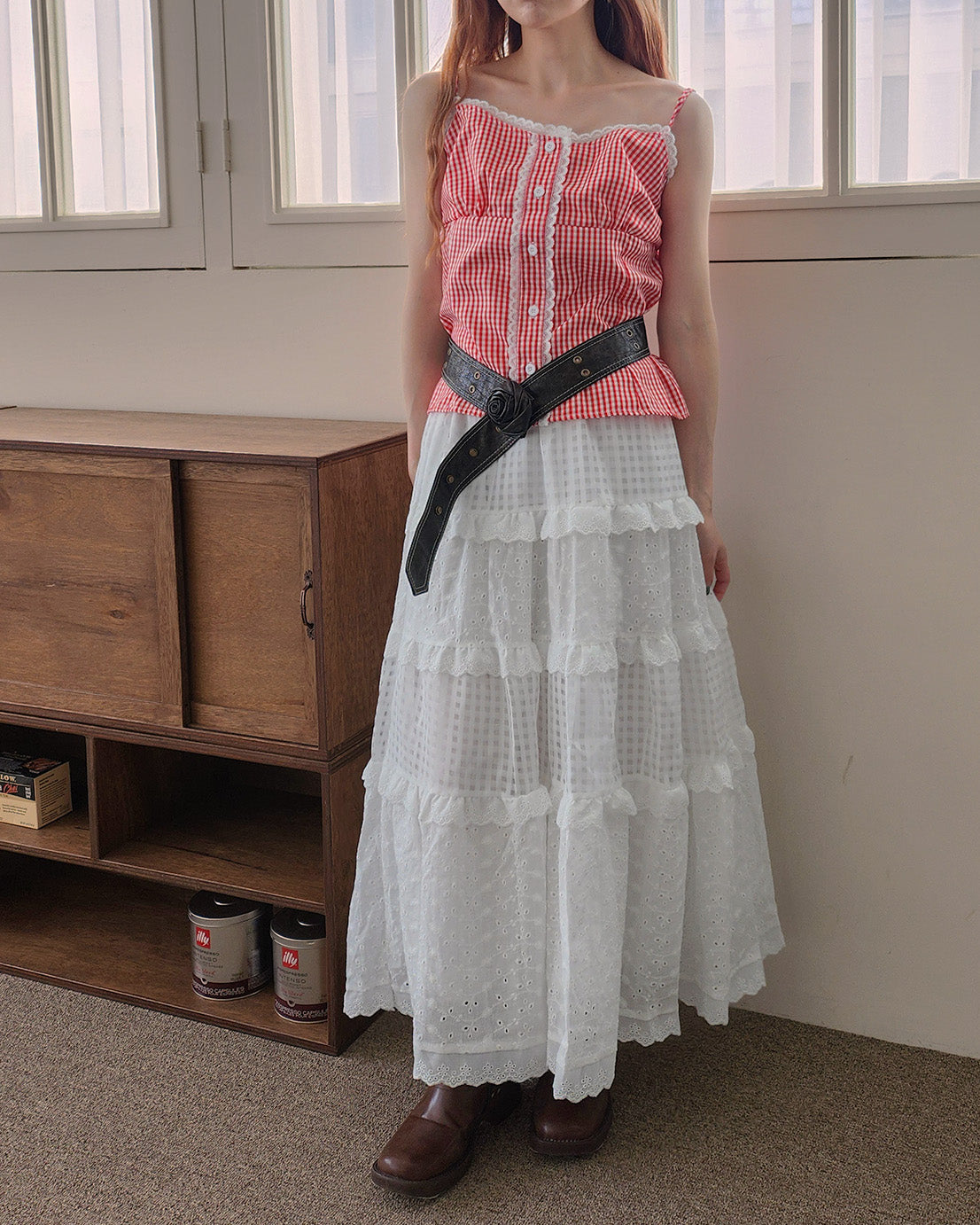 gingham check lace point camisole blouse