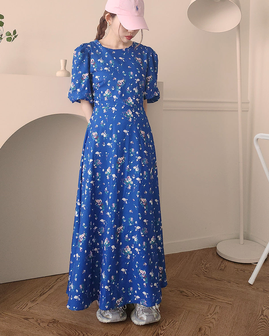 flower puff sleeve long dress