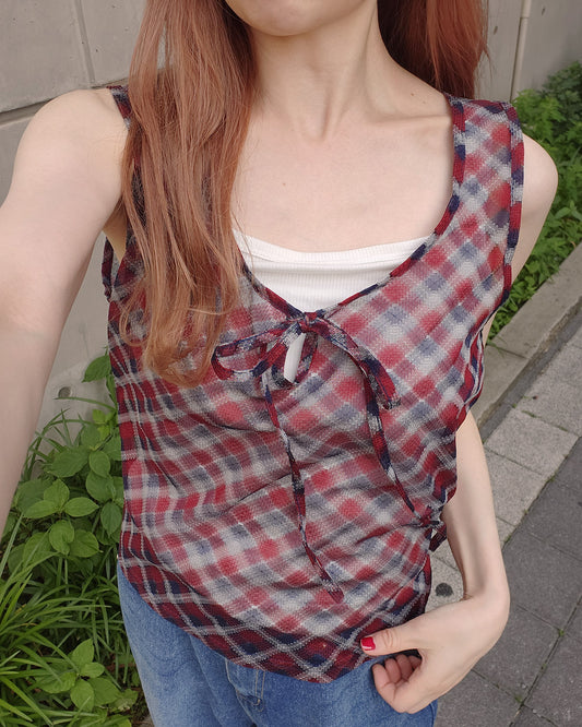 sheer check sleeve less top