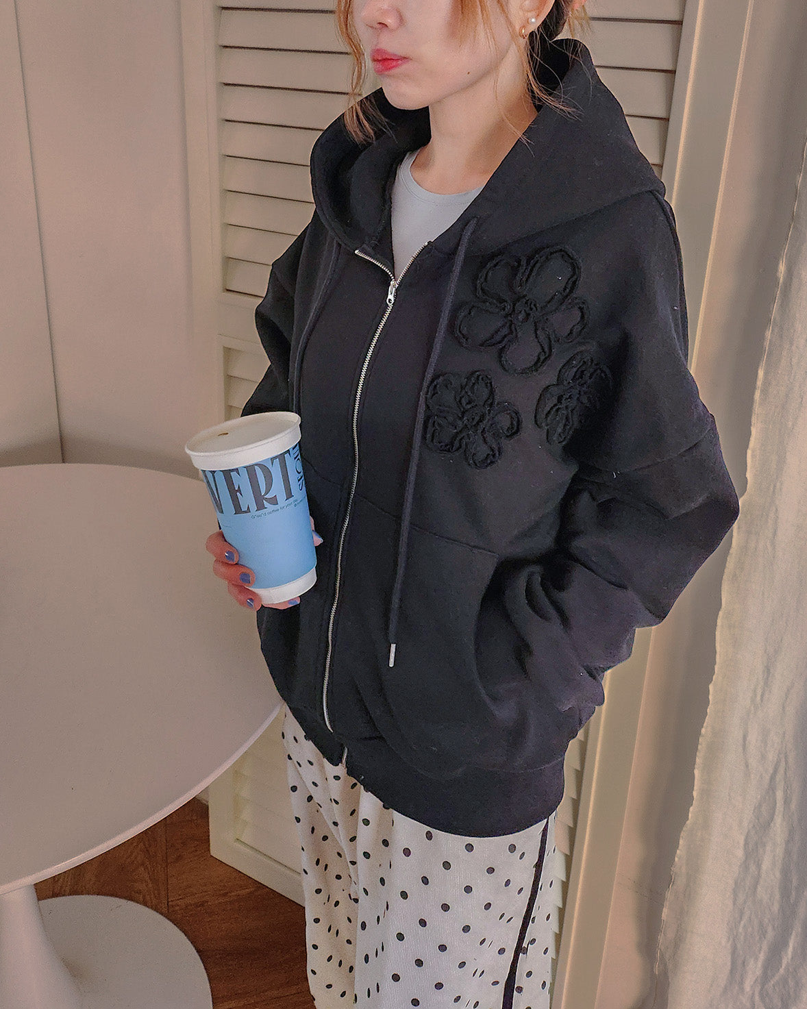 flower motif sweat zip hoodie