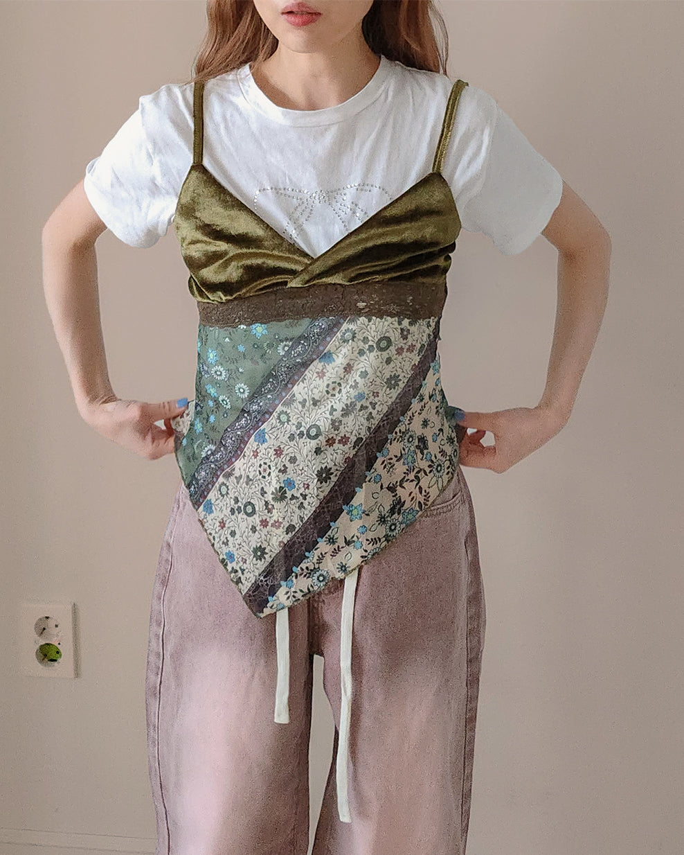 flower velvet switching sheer camisole