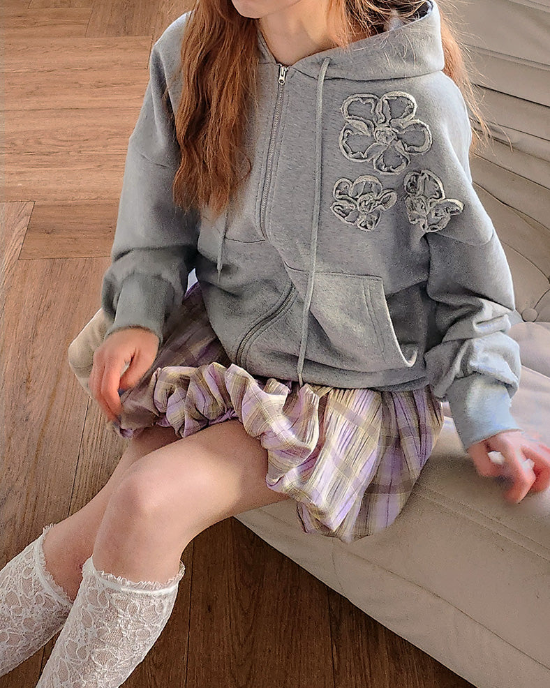 flower motif sweat zip hoodie