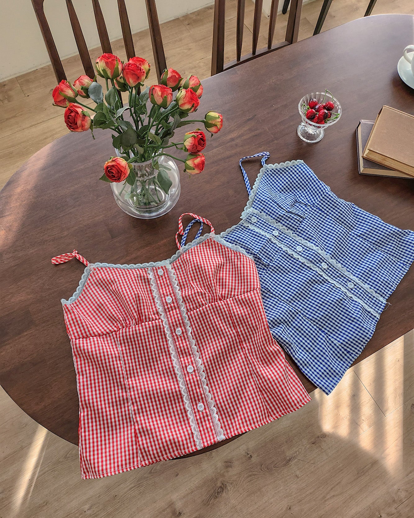 gingham check lace point camisole blouse