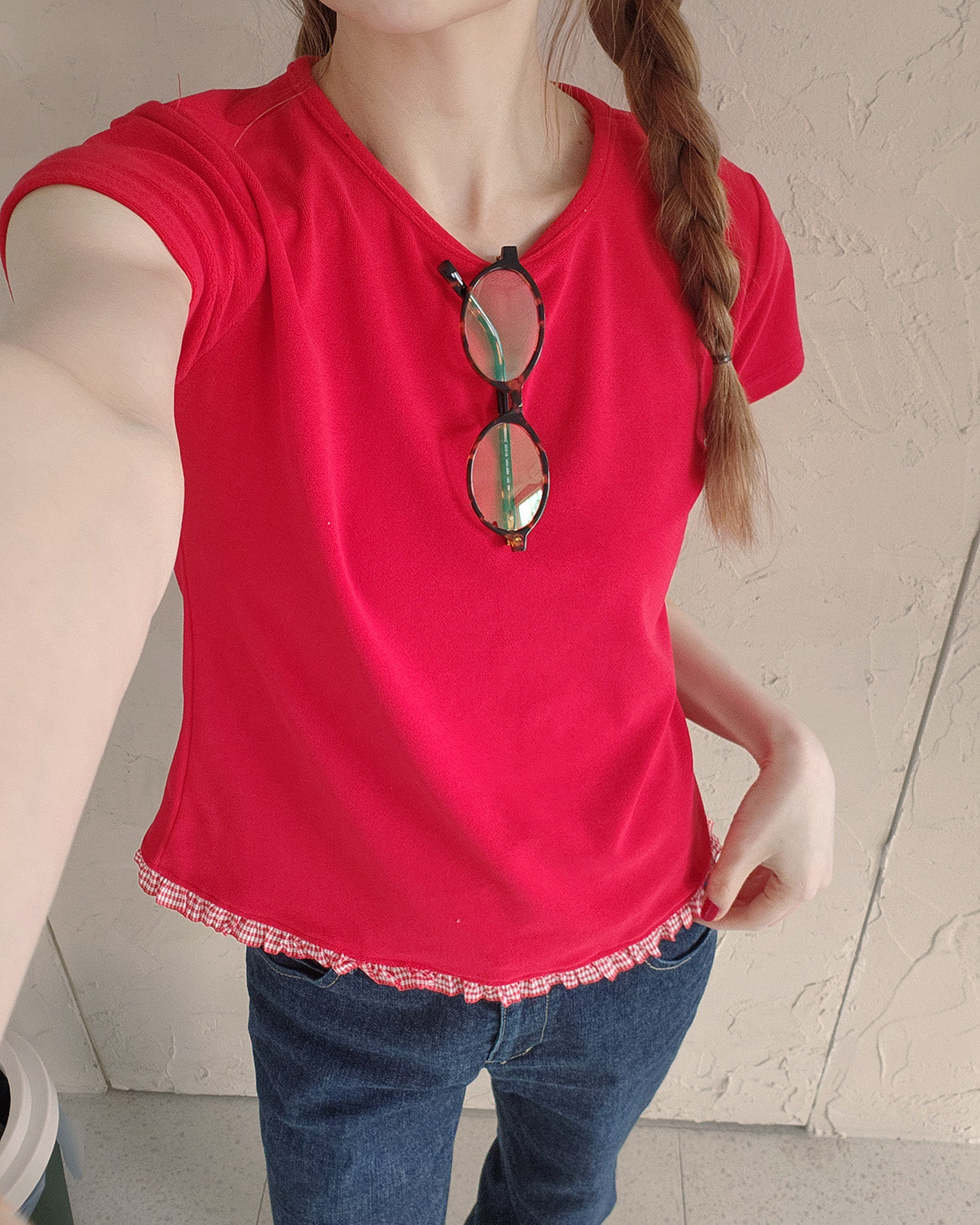 hem gingham check pile fabric T